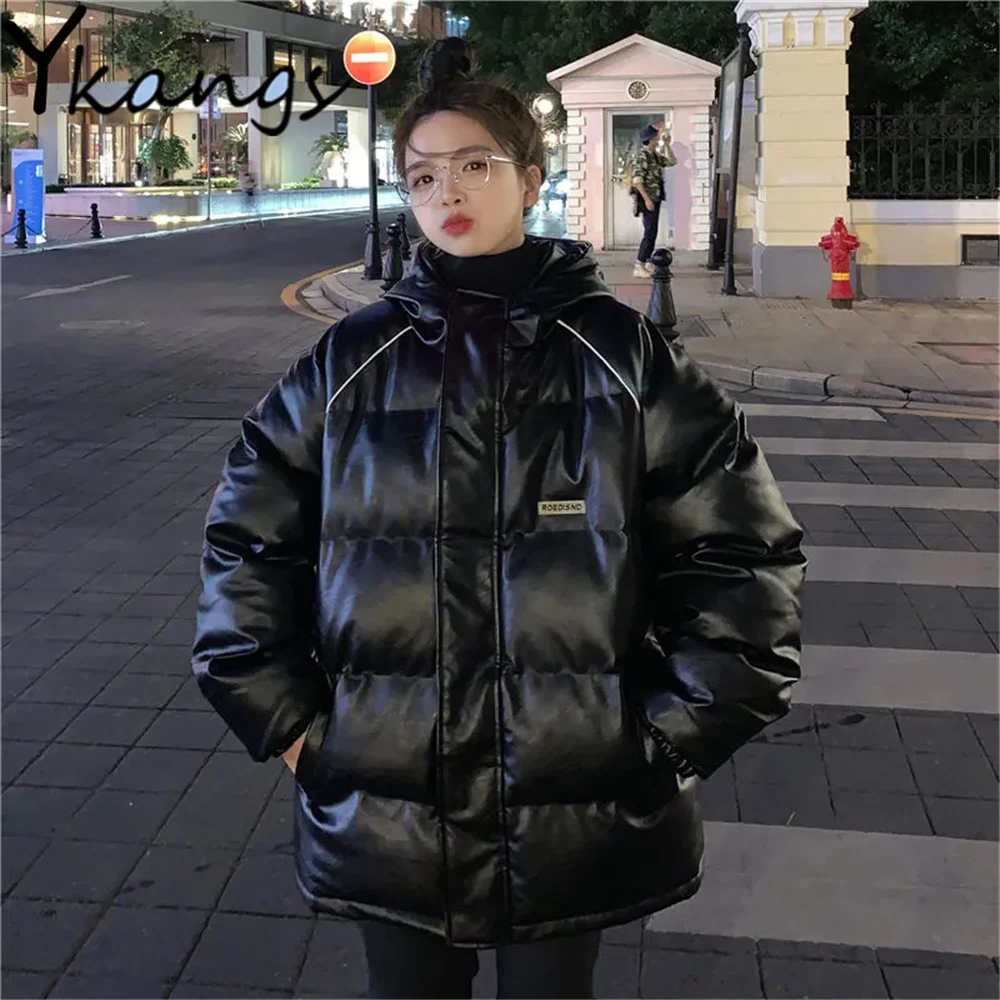 

Korean Bf Loose Bread Clothing Pu Leather Cotton-Padded Parka Winter Women Warm Hooded Zipper Jacket Harajuku Trend Casual Coat