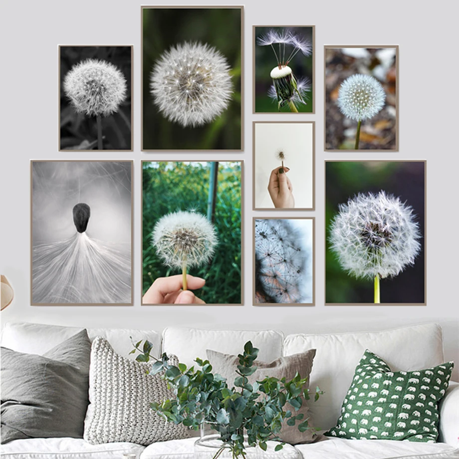 Макросъемка зеленое растение Одуванчик настенная живопись холст скандинавские