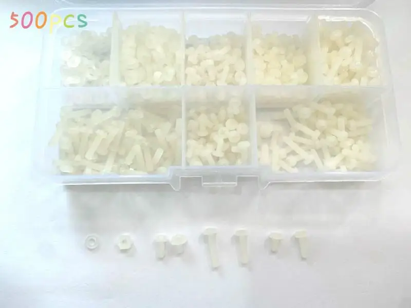 

500pcs pan head Phillips screw bolt nut fixing washer M2.5 white nylon kit with plastic box corrosion resistant