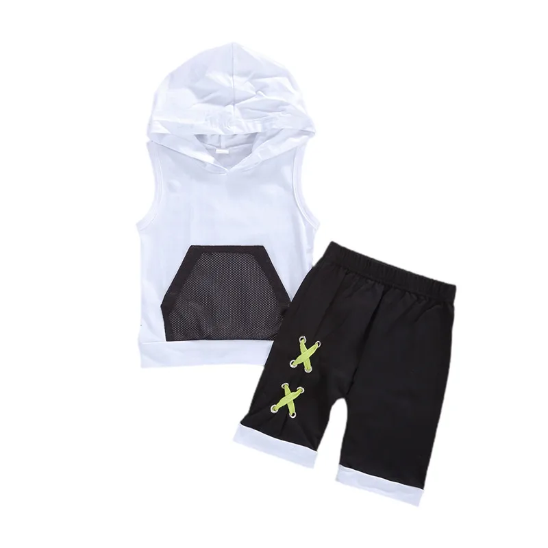 1-5Y Summer Kids Boy Tracksuits Fashion Sleeveless Hooded Tops Black Shorts 2Pcs Child Clothes Sets Active Wear Outfits |