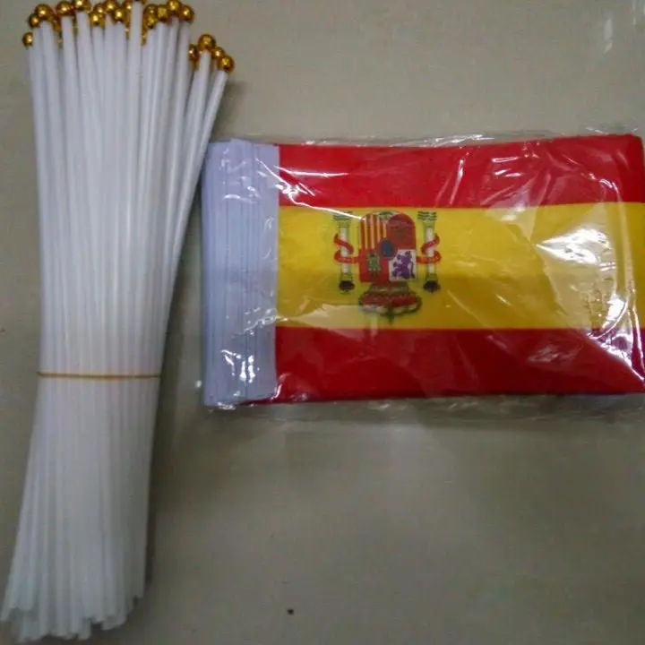 Xvggdg-Bandera Nacional de Espa&ntilde;a con asta de pl&aacute;stico, banderas de poli&eacute;ster, 14x21 CM, 100 unidades-2