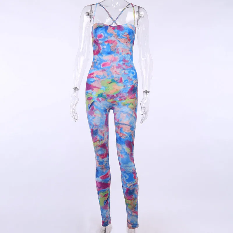 

New Women Package Hip T-e-dye Print Bodycon Jumpsuit Sexy Club Night Off Shoulder Romper Playsuit Strapless Jumpsuit Overalls
