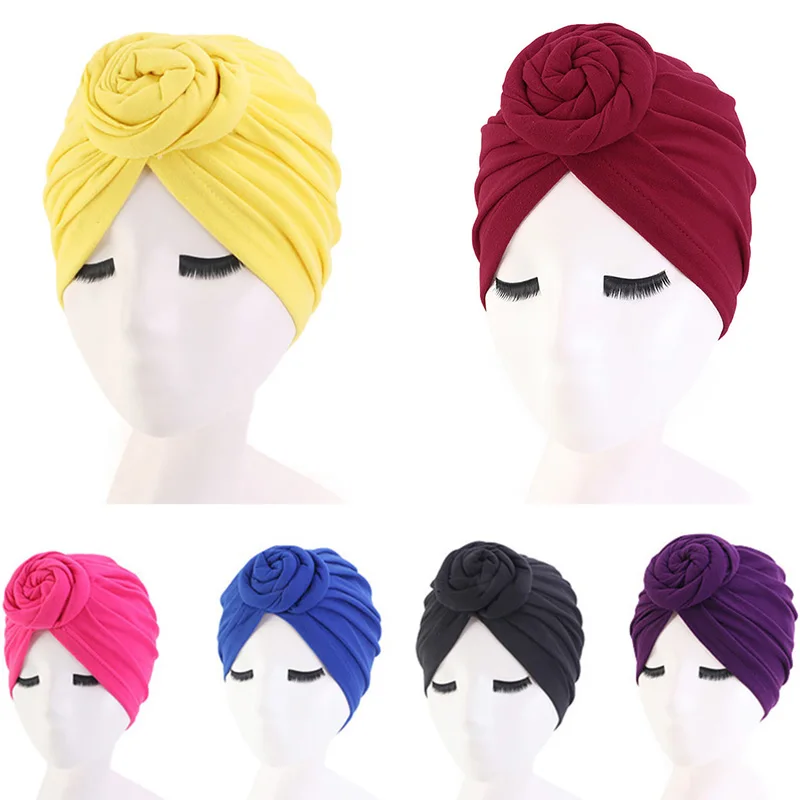 

2021 Hot Female European And American Popular Donut Turban Cap Pure Color Ball Hat Chemotherapy Cap For Spa Bathroom Bonnets