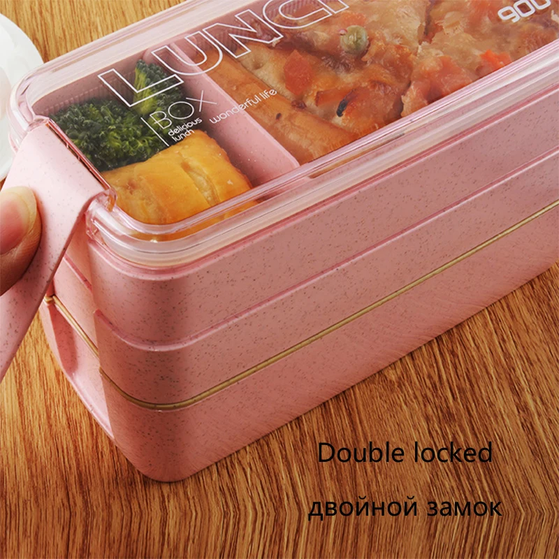 900 мл здорового материала Ланч бокс 3 слоя Пшеничная солома Bento коробки