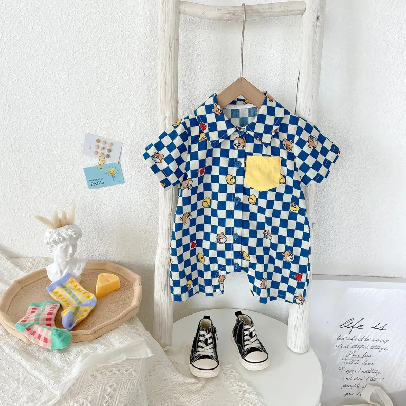 

Newborn baby boy clothes boys fashion cartoon plaid short sleeve jumpsuit korean kids cotton romper infant