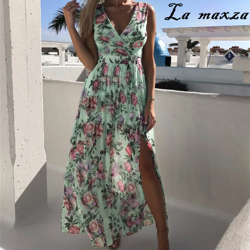 

2020 Summer Beach Bohemian Women Print Long Dress Fashion Chiffon Sexy Dress