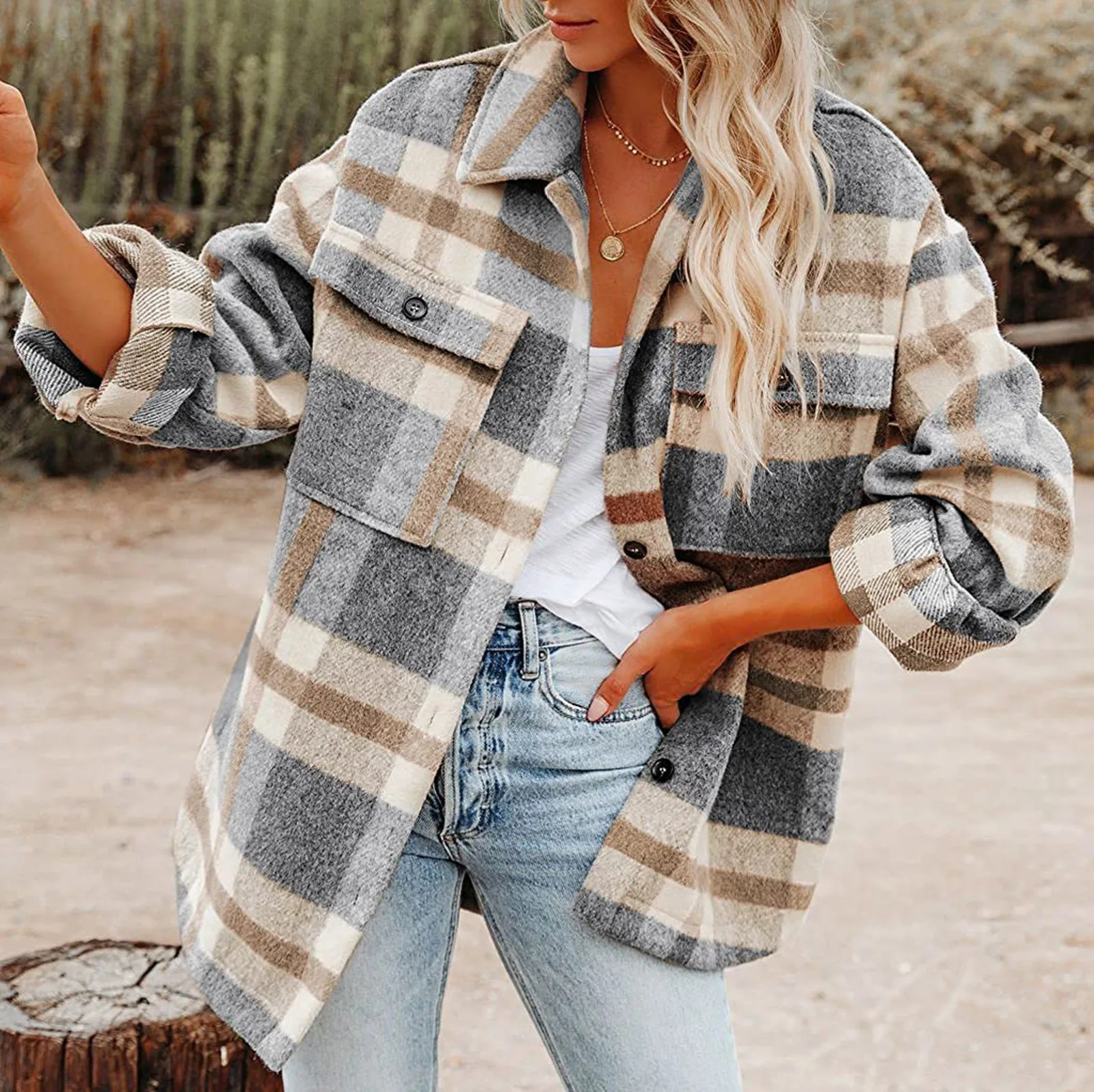 

Autumn Winter Brushed Plaid Jacket Women's Long Sleeve Flannel Lapel Button Down Pocketed Shacket Jacket Female Pocket Overcoat