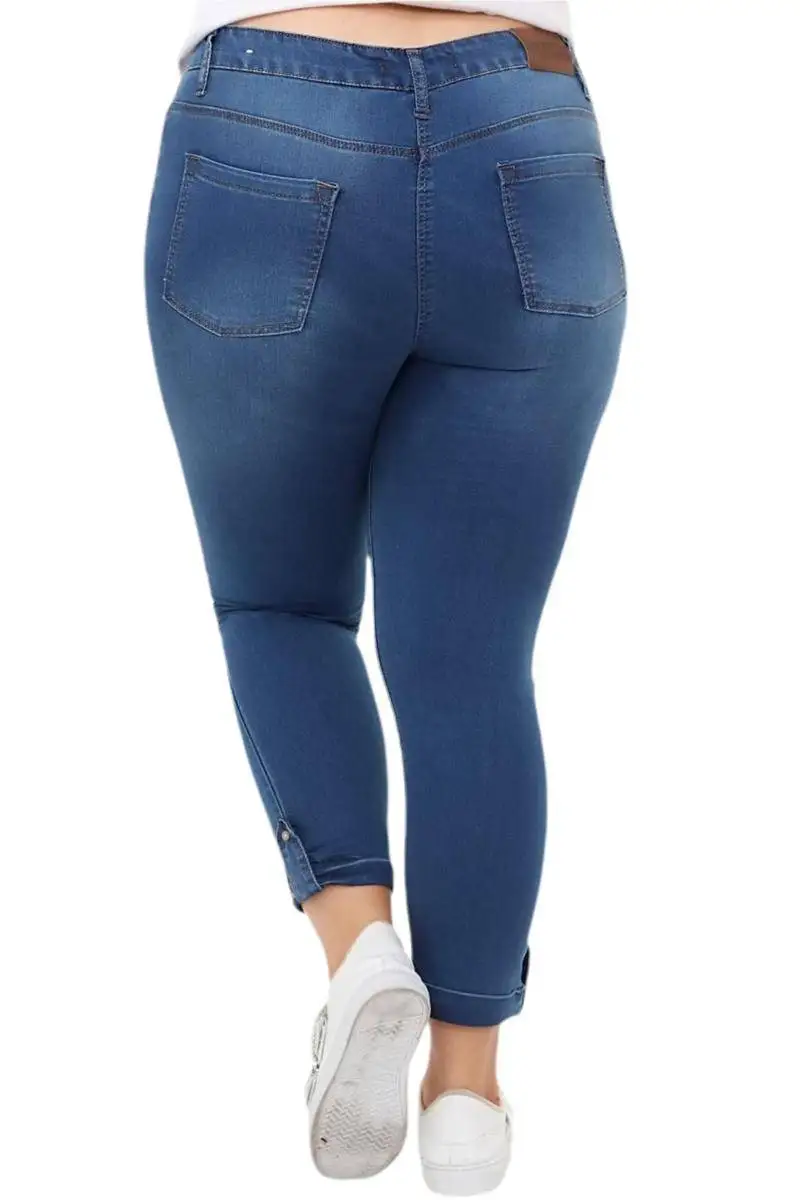 Женские джинсы с вышивкой на манжетах Hanezza темно-синие элегантные брюки до