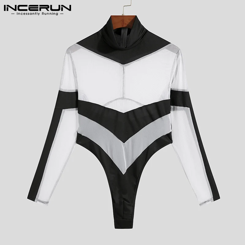 

Men Sexy Leisure Jumpsuit Comneforable Mesh INCERUN Male Solid All-match Onesies Fashion Casual Long-sleeve Bodysuits S-5XL 2022