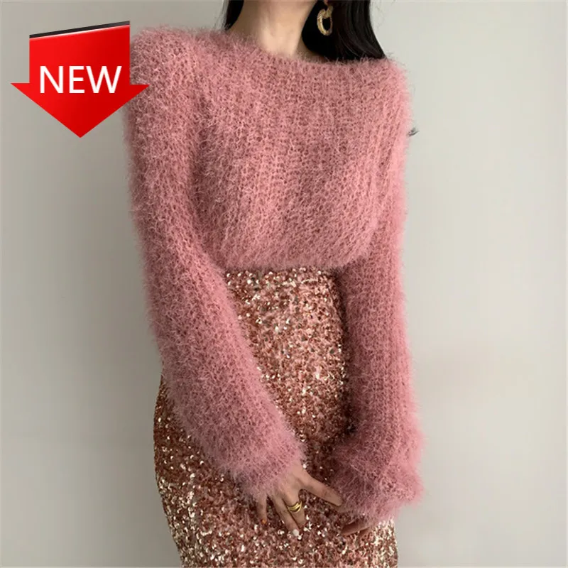 

Sweaters Female Pullover Tops Solid O-neck Concise Elegant Office Lady Casual All Match 2021 Winter New Women Plush Knitted