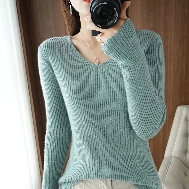 

Knitted all-match V-neck drawstring women's cashmere sweater Simple casual loose cashmere sweater top sweater