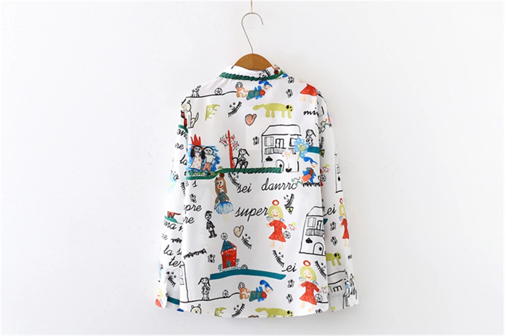 

Autumn New Style Cartoon Graffiti Children Drawing Fun Chiffon Retro Loose Long Sleeve Shirt Women