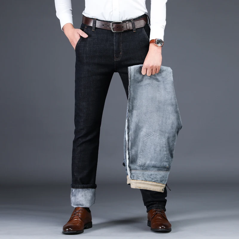 Brand Winter New Men's Warm Fleece Jeans Business Casual Elasticity Thick Slim Denim Pants Brand Trousers Black Blue