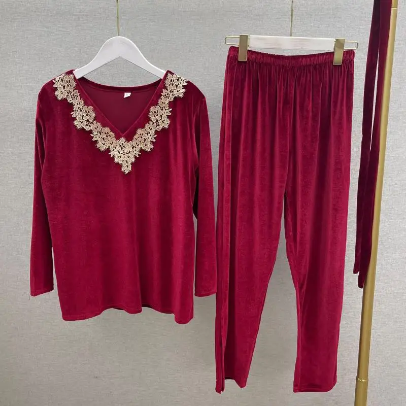 

Lace V-Neck Women 2PCS Pajamas Suit Casual Velour Homewear Pyjamas Long Sleeve Autumn New Velvet Sleep Set Intimate Lingerie