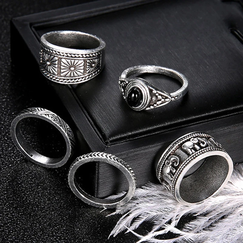 Серебряный цвет большой нержавеющей стали богемный набор колец винтажные