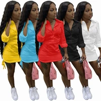 women solid color shirt mini dress sides drawstring buttons turn down collar long sleeve blouse dresess female casual outfits