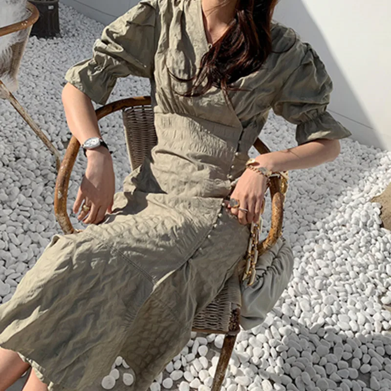 

2021 Vintage Women Dresses V Neck Summer New Flare Sleeve Ruched High Waist Ruffle Elegant Office Side Split Dress