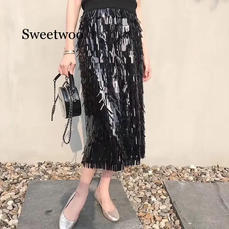 

SWEETWOO 2020 Autumn Winter Tassel Sequins Skirts Fashion Beading Knee-Length Empire Sexy Club Christmas Skirts