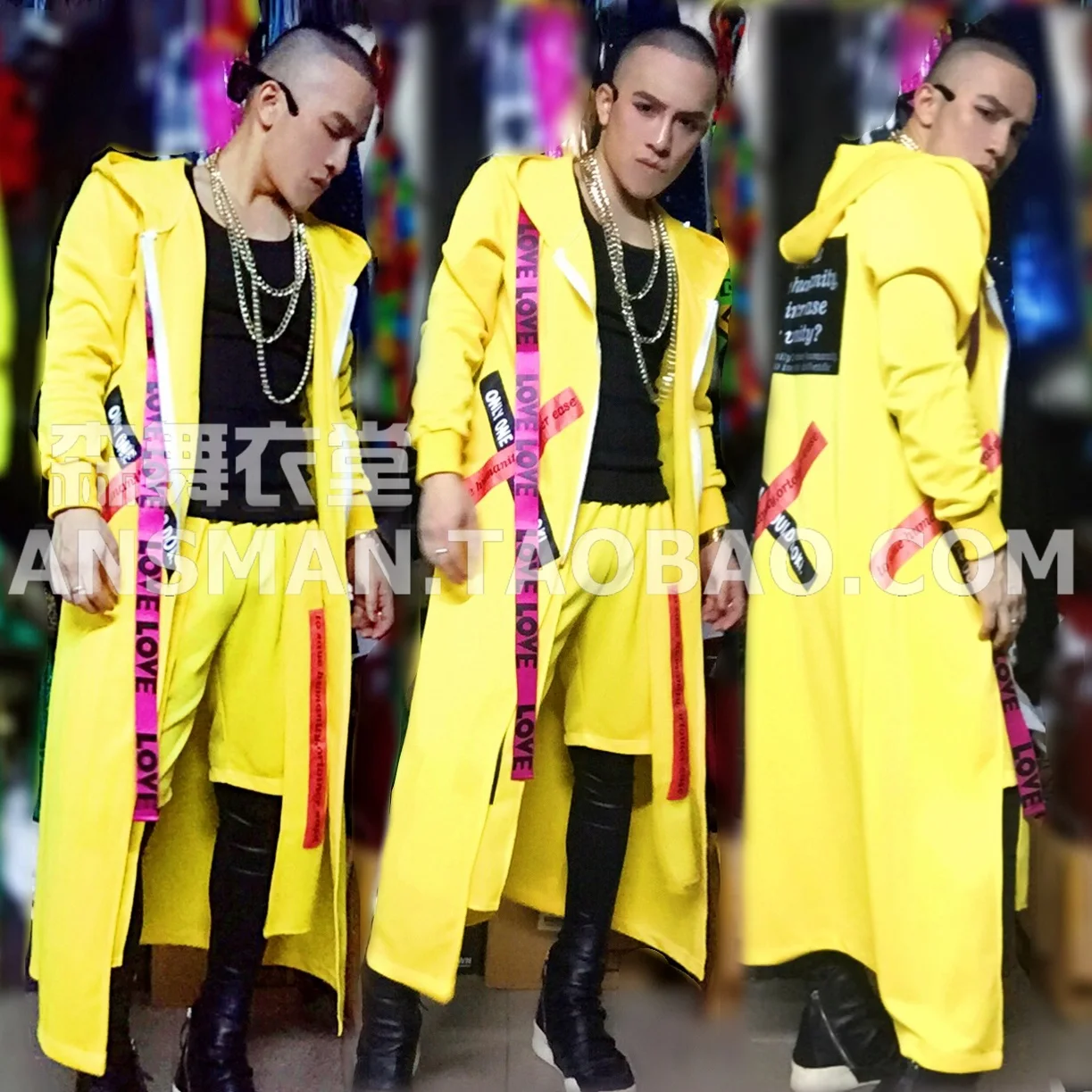 

Male singer male DJ Quan Zhilong GD same paragraph yellow hip-hop alphabet cloth sticker strap long cloak costume suit