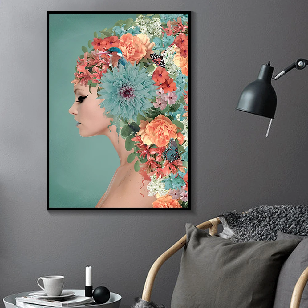 

Abstract Blue Pink Flower Woman Sexy Canvas Painting Nordic Wall Art for Living Room Bedroom Bedside Home Decoration Unstretched