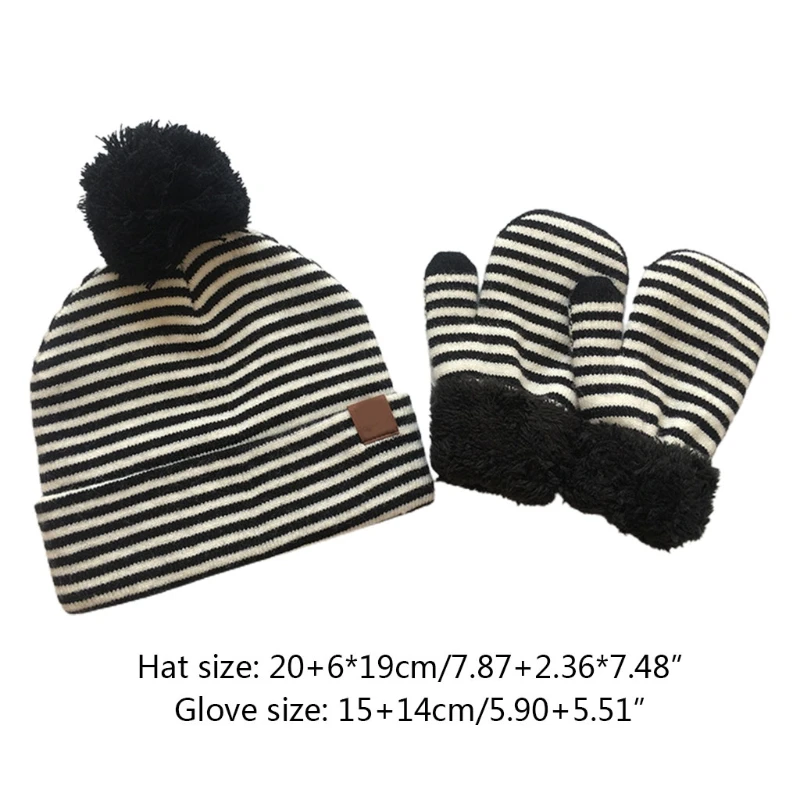 

2pcs Infant Baby Striped Wool Beanie Hat Gloves Mittens Set Fake Ball Pom Pom Cap Warm Winter Beanies for 3-8 Years Old