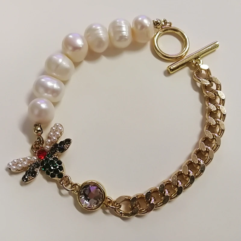 

women golden natural pearl crystal bee chain bracelet jewelry gift party