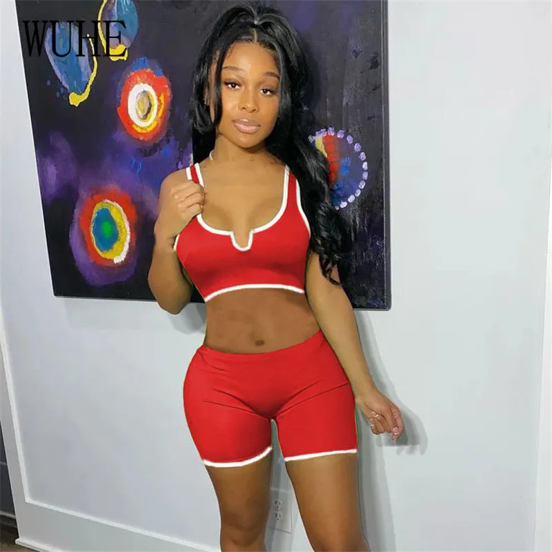 

WUHE Sport Casual Outfits Sleeveless Square Collar Off Shoulder Tanks Top and Short Pants Joggers Fitness Tracksuit Two Piece