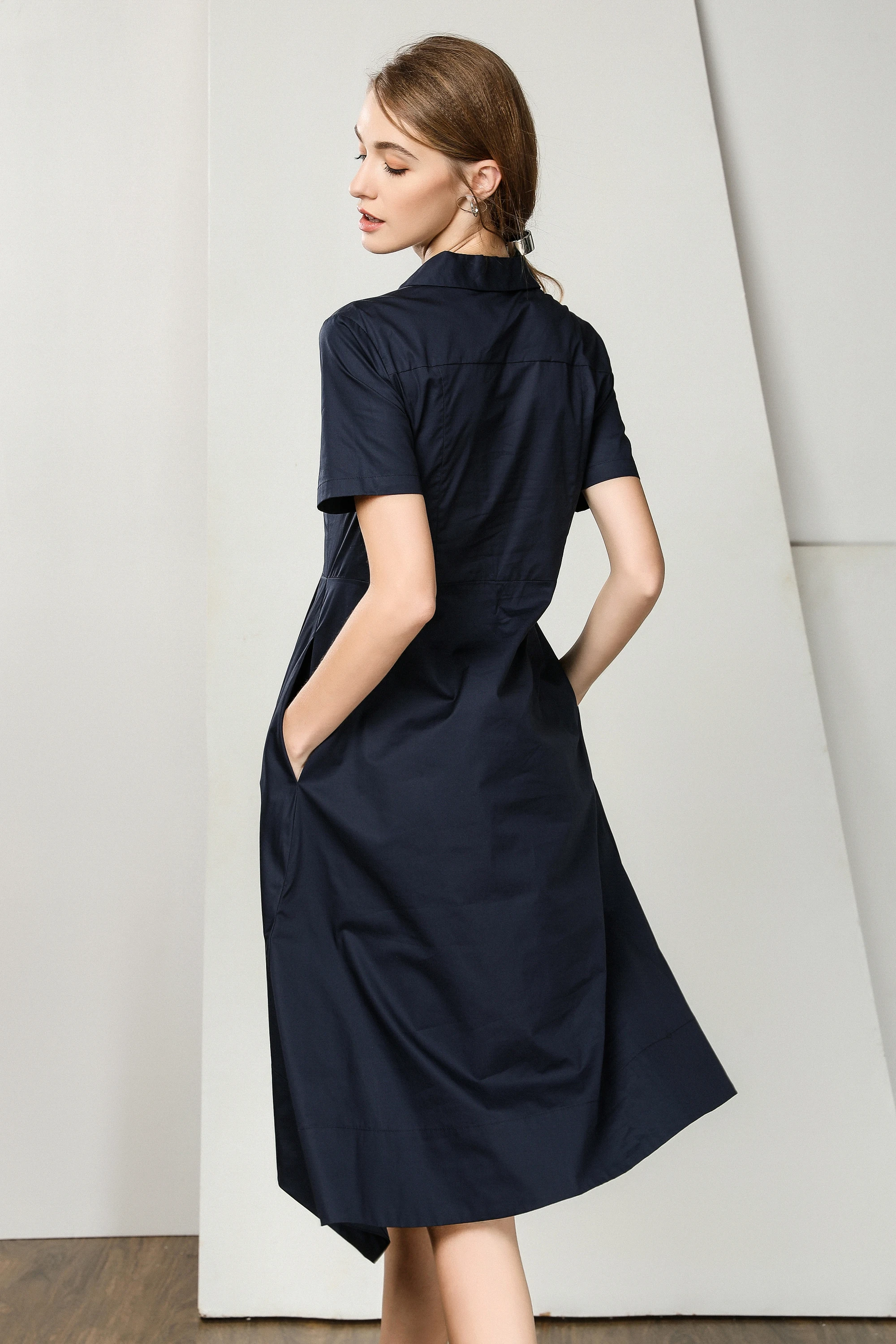 

LA.TENDRE 2020 Shirt Dress Women Irregular Hem Outifts Set Turn-down Collar Elegant Lady Short Sleeves High Waist Women's Dress