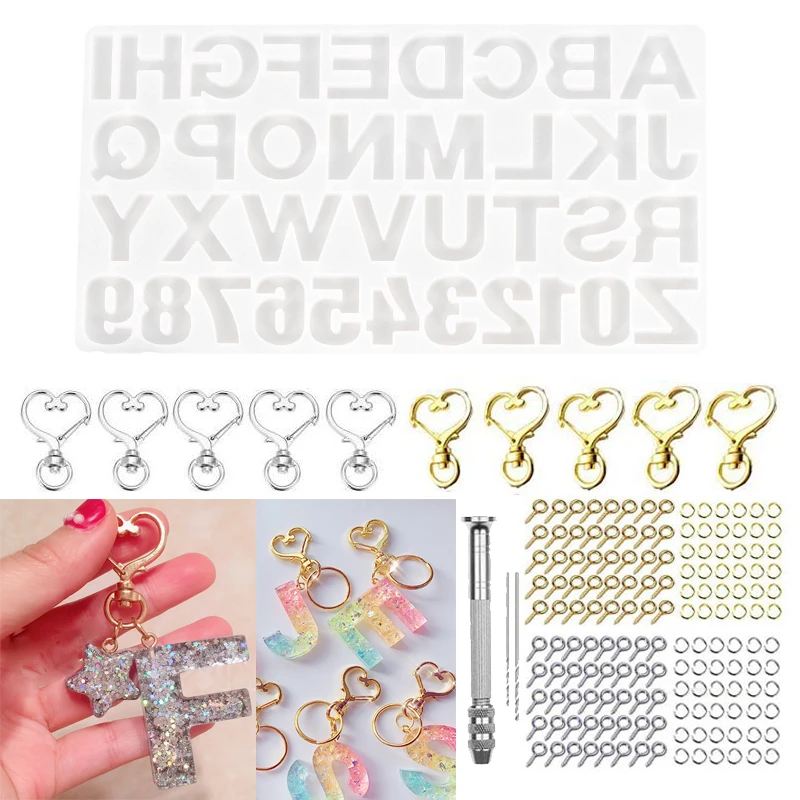 

214pcs/set Alphabet Letter Resin Molds DIY Keychain Craft Kit With Heart Keyring Cement Form Moldes De Silicona Para Resin Mould