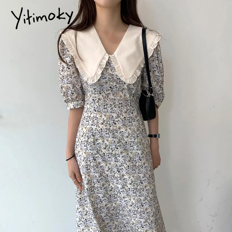 

Женское платье с цветочным принтом Yitimoky, летнее платье в стиле бохо с высокой талией и рукавами-фонариками, с воротником «Питер Пэн» и банто...