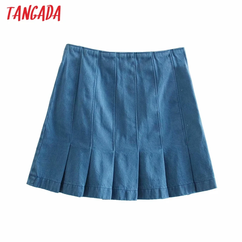 

Tangada 2021 Women Blue Denim Pleated Skirts Faldas Mujer Zipper French Style Female Mini Skirt 6P14