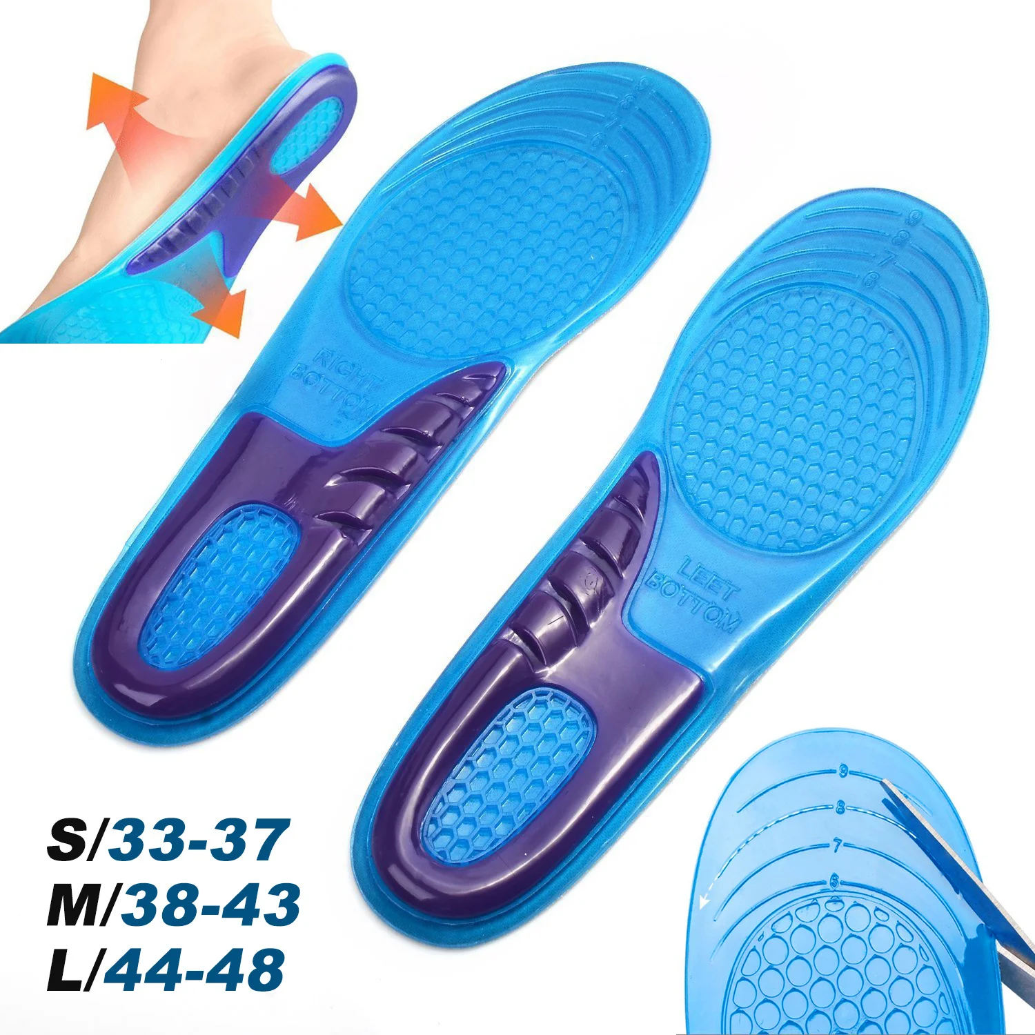 

Silica Gel Orthotic Elastic Insoles Arch Support Shoe Pad Sport Running Gel Insoles Insert Cushion for Men Women Size 33-48