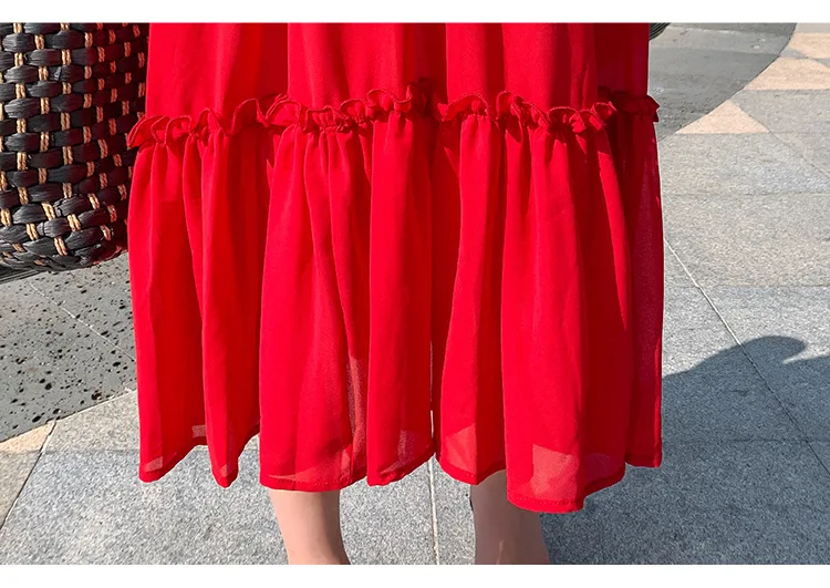 

#3931 Chiffon Dress Women Red A-line Beach Dress V Neck Sexy Bohemian High Waisted Vintage Wrap Dress Lantern Sleeved Summer