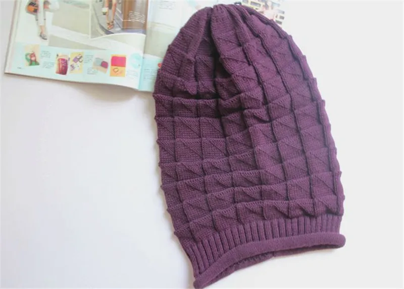 Purple Женские зимние; вязанные; шерстяные шапки-бини унисекс повседневные шапки и кепки s мужские однотонные хип-хоп Skullies теплая шапочка-бини длинный размер - Цвет: Purple