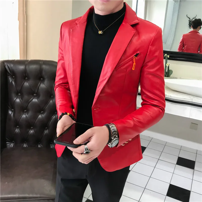 Мужской кожаный блейзер модный дизайнерский приталенный Блейзер Клубная одежда