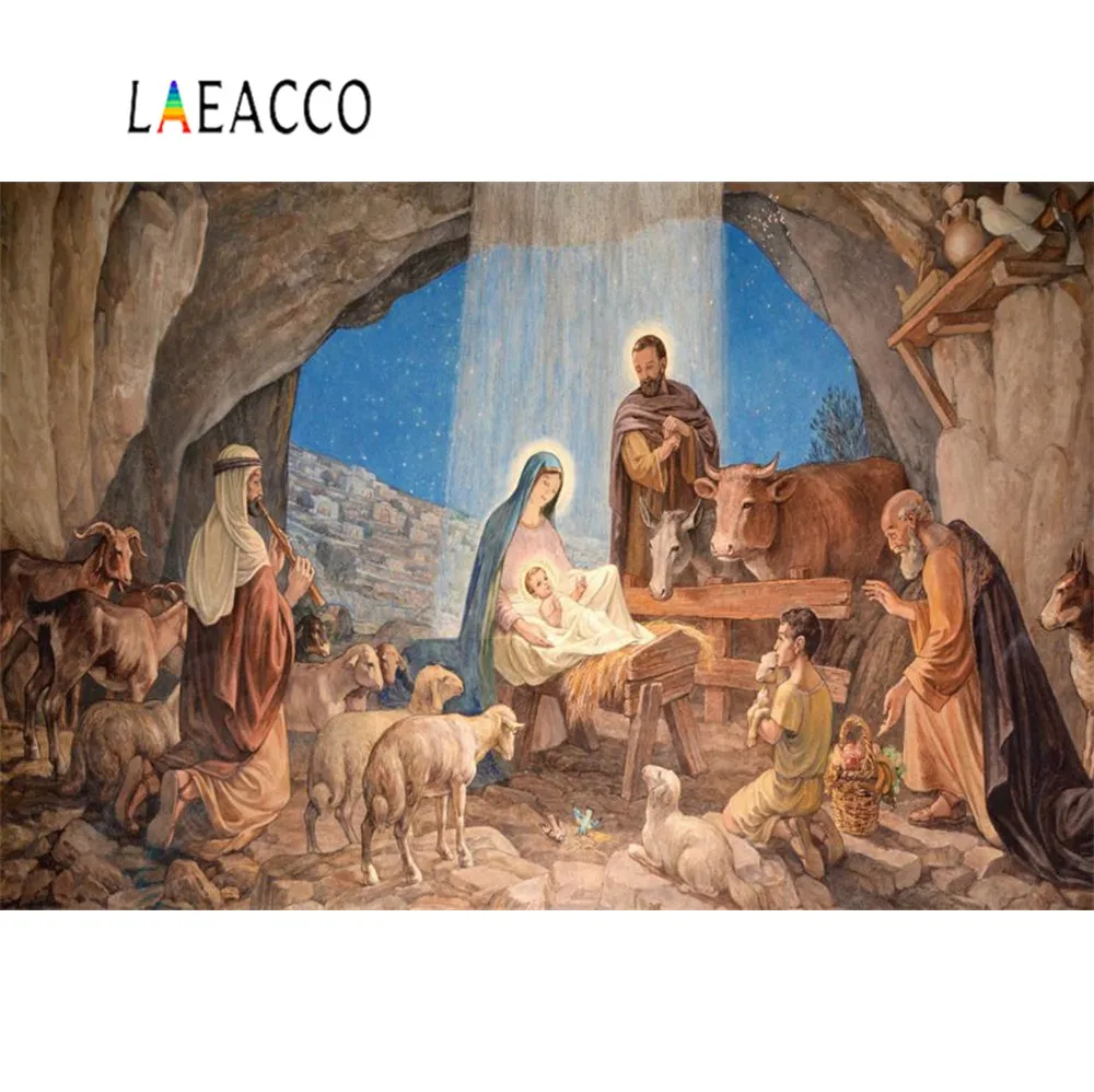 Laeacco картина маслом сцены Рождества Иисуса родов христианский сарай овец