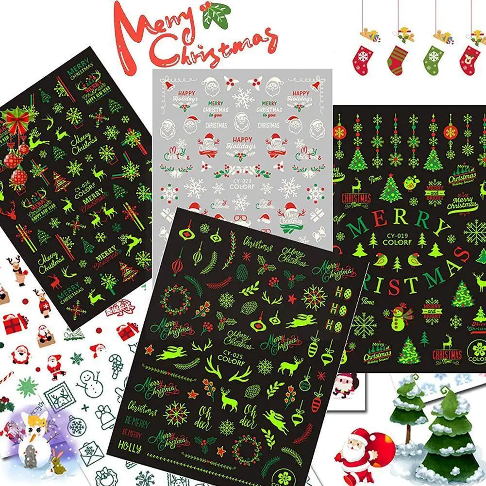 

Merry Christmas Luminous Nail Stickers Fluorescent Xmas Winter Sliders For Nails Glow In Dark Manicure Decals L3r2