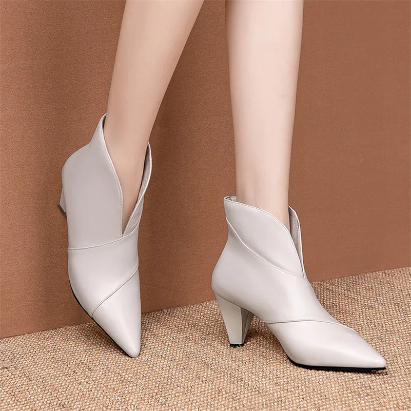 

ANNYMOLI Genuine Leather High Heel Short Boots Ankle Boots Women Shoes Pointed Toe Spike Heels Slip-On Boots Lady Autumn Winter