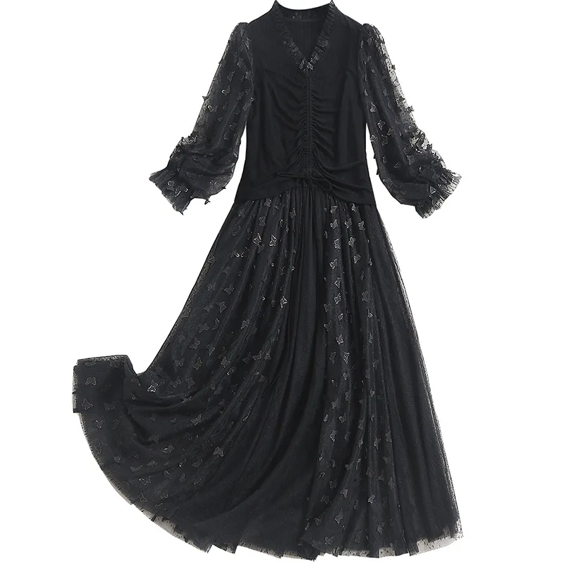 

2021 Summer Gauze Patched Slip Dress Butterfly Embroidery Fashion Lady V Neck String Black Shirt Slim Elegant Women Skirt Suit