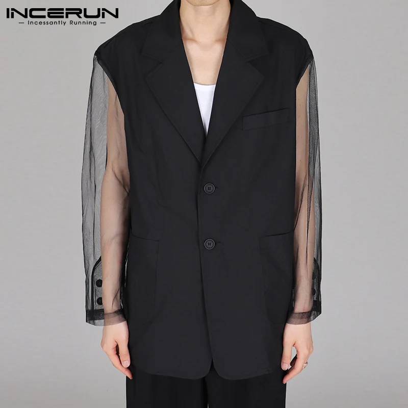 

Fashion Men Blazer Mesh Patchwork See Through Streetwear Lapel Long Sleeve Casual Suits 2021 Sexy Personality Thin Coats INCERUN