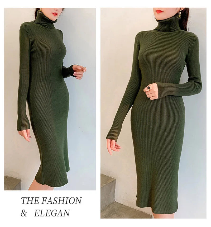 

Women turtleneck Knitted Dress New Autumn Winter Warm Long Sleeve Turtleneck Sweater Dress Slim elasticity Knit Dress Vestidos
