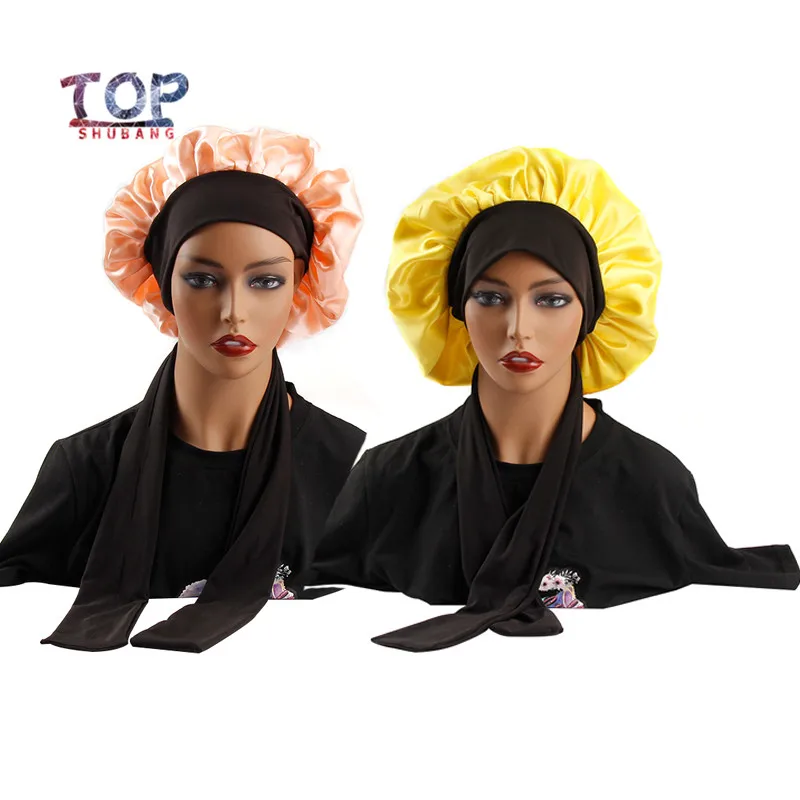 Custom Logo Wrap Bonnets With Wide Edge Control Wrap Satin Head Band  Women Sleep Bonnet