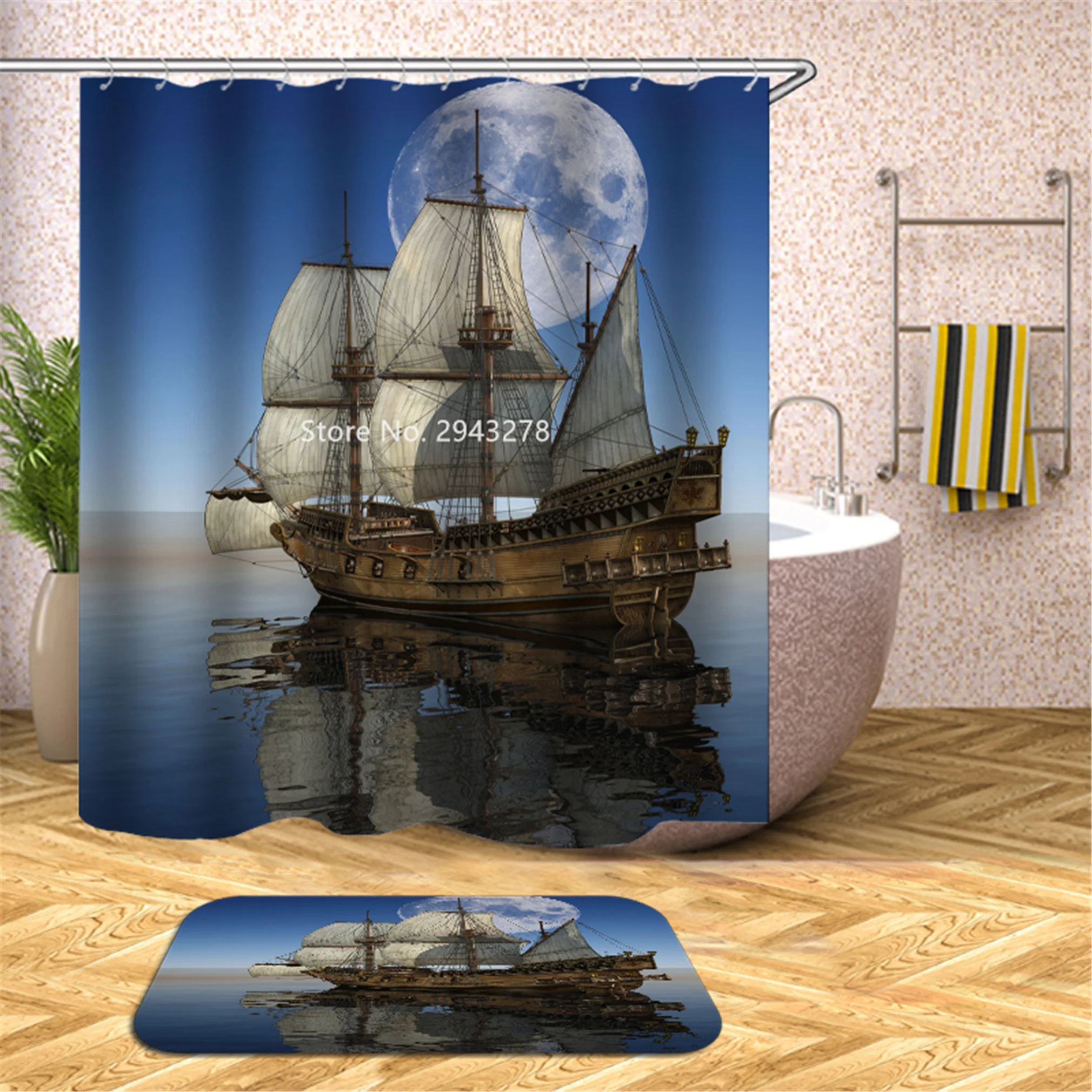 

Beach Boat Flower Pattern Waterproof and Mildewproof Washable Shower Curtain with Hook Home Bathroom Decor Colorful Print