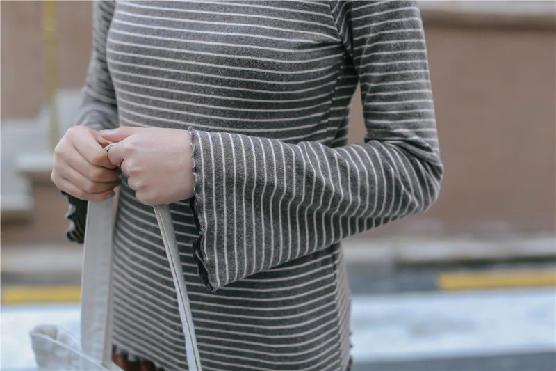 

2021 New Spring Autumn Women Basic T-shirt Korean Wave Edge Long Sleeve Stripe T Shirt Female Casual All-match Slim Tees