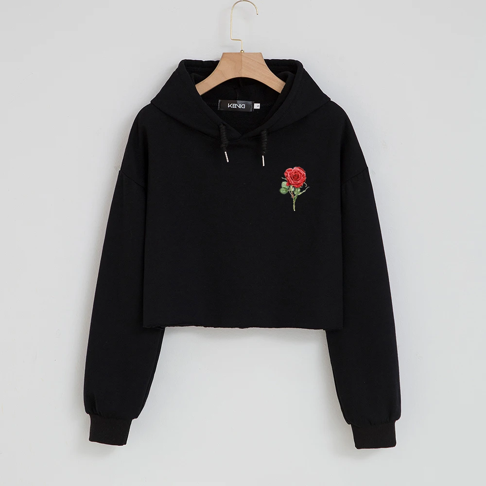 

Women Long Sleeve Cropped Hoodies Rose Print Hoodie Sweatshirt Hooded Pullover Tops Blouse Sweatshirt Pullover for Female