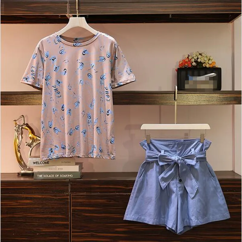 Cyanlee Лето 2020 шикарный Pin pattern Хлопок Футболка и Лук Кружева Широкие шорты костюмы