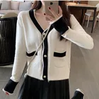 Осень 2021, модный вязаный кардиган, свитер, корейский женский свободный жакет с длинным рукавом, Повседневная вязаная кофта с V-образным вырезом, кардиган, топы