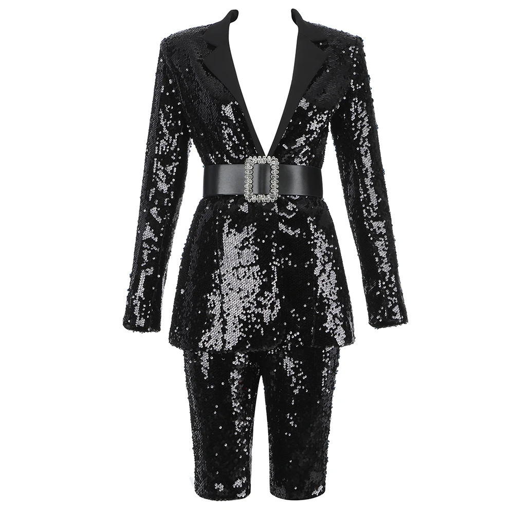 

High Quality Black Sequined Long Sleeves 2 Pieces Set Bodycon Top Pants Women Sexy V Neck Set