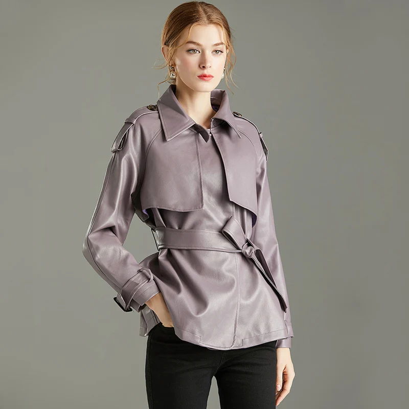 Куртка женская из мягкой ПУ кожи с отложным воротником и поясом | Женская одежда