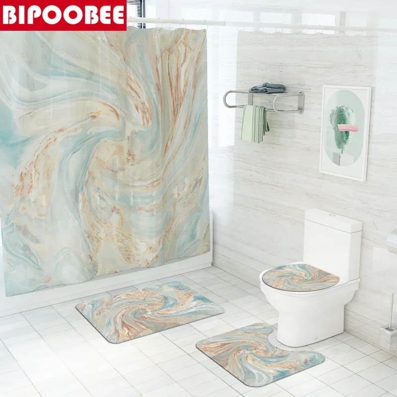

Art Marble Print Bathroom Curtains Modern Shower Curtain Set Bath Mats Rugs Washroom Decor Bathtub Toilet Cover Non-slip Carpet